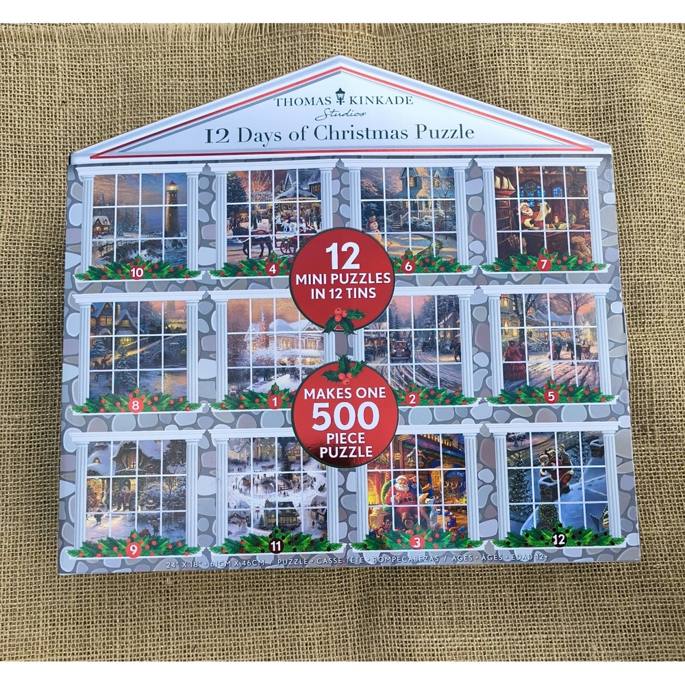 Thomas Kinkade 12 Days Of Christmas Puzzle 12 Mini Tins 24"x 18" 500 Pieces NEW